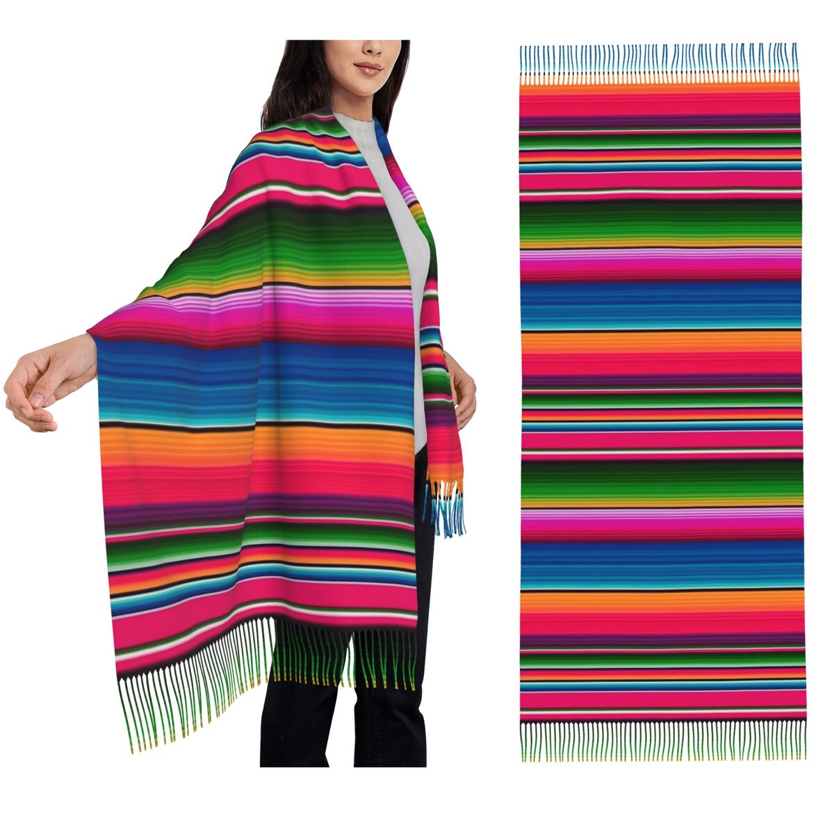 Woven Scarf Blanket - Mexikanische Decke, gestreift, Fiesta-Serape-Schal, Quastenschals, Damen,